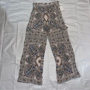 Bohemian Paisley Wide-Leg Splendid Ivory Brown Teal L Pocket Pants NWT